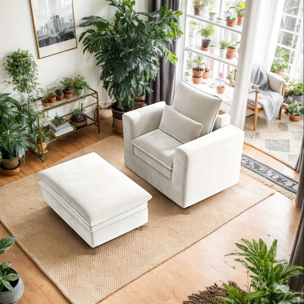 Modern Style Armchair, Chenille Cushion Sofa - Lazy Sofa, Single Sofa - Suitable For Living Room, Bedroom, Office Furniture, Living Room Chair With Footrest, Single Person Leisure Chair