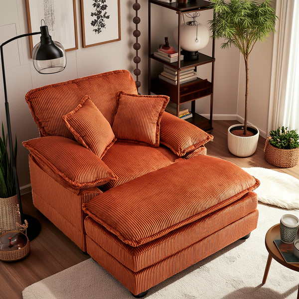 Corduroy Single Sofa With 2 Folding Pillows And An Ottoman, Comfort Sofa - Living Room Deep Seating Sofa