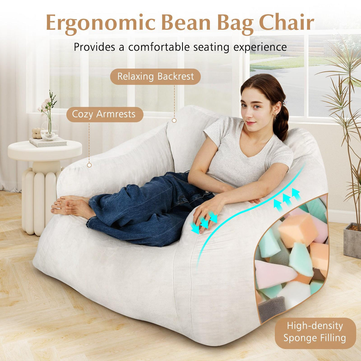 COSTWAY Plush Bean Bag Chair for Adults - Oversized Floor Sofa with Ultra-Soft Velvet-Like Cover, Non-Slip Bottom & High-Density Foam Fill, Modern Lazy Chair with Easy Assembly, Removable Machine-Washable Cover & Non-Slip Base for Living Room