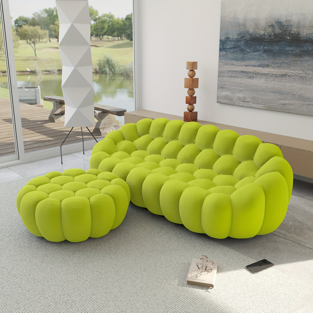 Modern Oversized Bean Bag Sofa with Ottoman - 3D Knitted Fabric, Orange, Football-Shaped Design, No Assembly Required, 700 lbs Load Capacity, Perfect for Contemporary Living Rooms, Sofa for Living Room