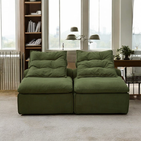 Modular 2-Seater Sofa Bed - Soft Corduroy Convertible Sleeper with No Armrests, DIY-Friendly Design, Includes Neck & Lumbar Pillows, Space-Saving for Apartments, Reading Nooks, Dorms (Green), Dorm Room Bed | Corduroy Upholstery | Comfortable Seating