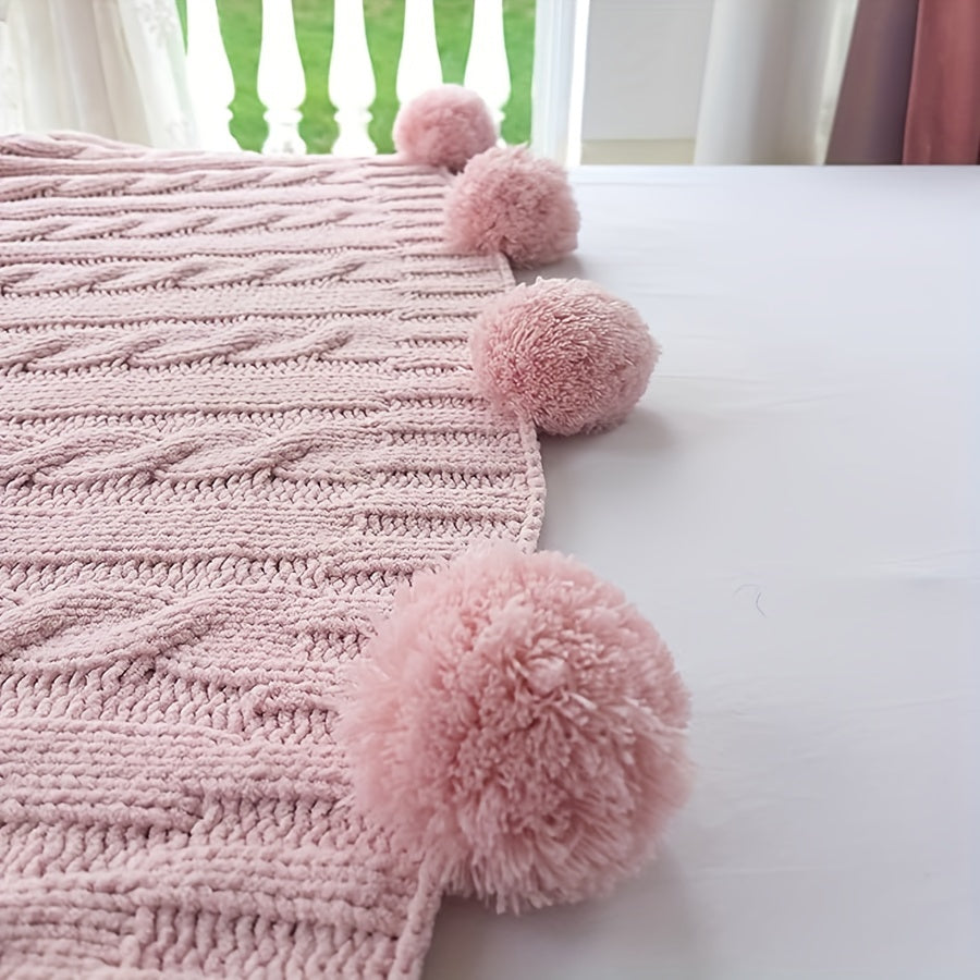 Ball Knitted Blanket Super Soft And Comfortable Chenille Knitted Thick Blanket with Fourteen Plush Ball Decorations Sofa Bed Warm And Thick 50X60 Inches 2.2 Pounds