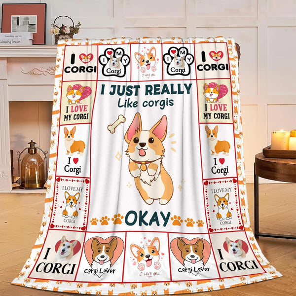 1pc Extra Large Corgi Blanket - Soft Plush Flannel Throw with Corgi Faces, Paw Prints & Bone Patterns - All-Season Couch Bedspread for Women, Girls, Corgi Lovers - Machine Washable Gift for Dog Owners (50\