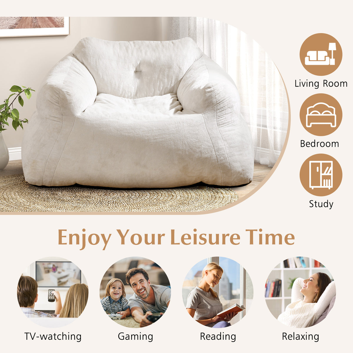 COSTWAY Plush Bean Bag Chair for Adults - Oversized Floor Sofa with Ultra-Soft Velvet-Like Cover, Non-Slip Bottom & High-Density Foam Fill, Modern Lazy Chair with Easy Assembly, Removable Machine-Washable Cover & Non-Slip Base for Living Room