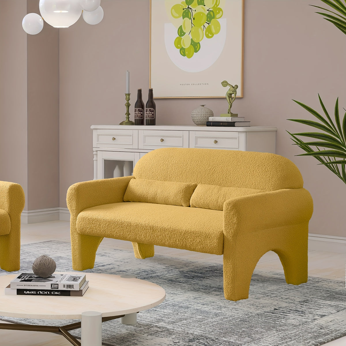 Modern Boucle Sofa Loveseat - Mustard-Yellow (Lambs -like) Boucle Upholstery, Plush Cushioned Engineered Wood Frame, Compact Small-Space Couch with Lumbar, Easy Assembly for Apartments, Studios & Scandinavian\u002FModern Decor