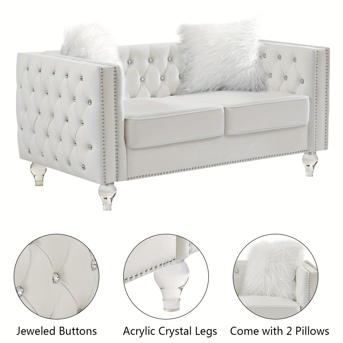 Velvet Loveseat Sofa 59 Inch Jeweled Buttons Tufted Loveseat with Acrylic Crystal Legs And 2 Pillows Modern Furniture for Living Room, Bedroom