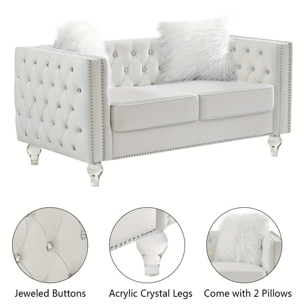 Velvet Loveseat Sofa 59 Inch Jeweled Buttons Tufted Loveseat with Acrylic Crystal Legs And 2 Pillows Modern Furniture for Living Room, Bedroom