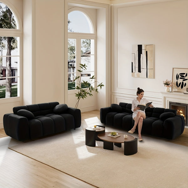 2pcs Modern Boucle Sofa Set, Comfy Tufted Upholstered Teddy Deep Seat Cloud Couch, Cozy Sherpa 3 Seater Sofa & 2 Seater Loveseat, Modern Living Room Furniture Set For Apartment