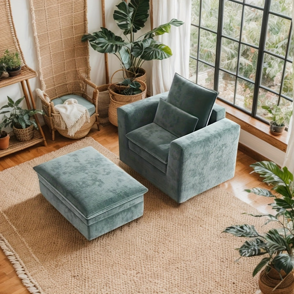 Modern Style Armchair, Chenille Cushion Sofa - Lazy Sofa, Single Sofa - Suitable For Living Room, Bedroom, Office Furniture, Living Room Chair With Footrest, Single Person Leisure Chair