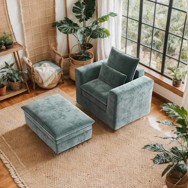 Modern Style Armchair, Chenille Cushion Sofa - Lazy Sofa, Single Sofa - Suitable For Living Room, Bedroom, Office Furniture, Living Room Chair With Footrest, Single Person Leisure Chair