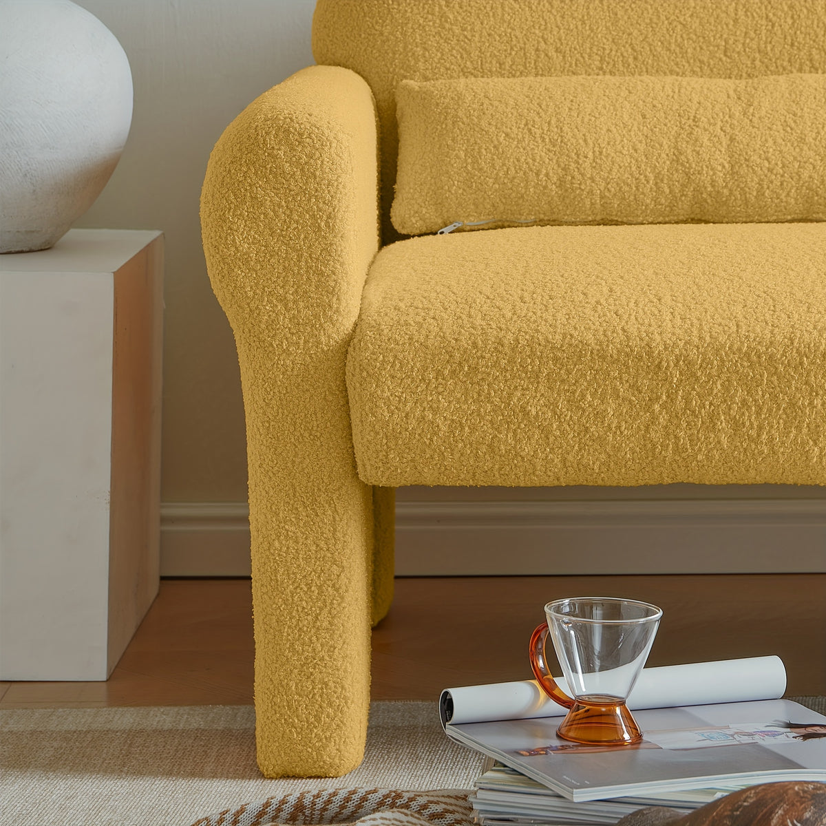 Modern Boucle Sofa Loveseat - Mustard-Yellow (Lambs -like) Boucle Upholstery, Plush Cushioned Engineered Wood Frame, Compact Small-Space Couch with Lumbar, Easy Assembly for Apartments, Studios & Scandinavian\u002FModern Decor