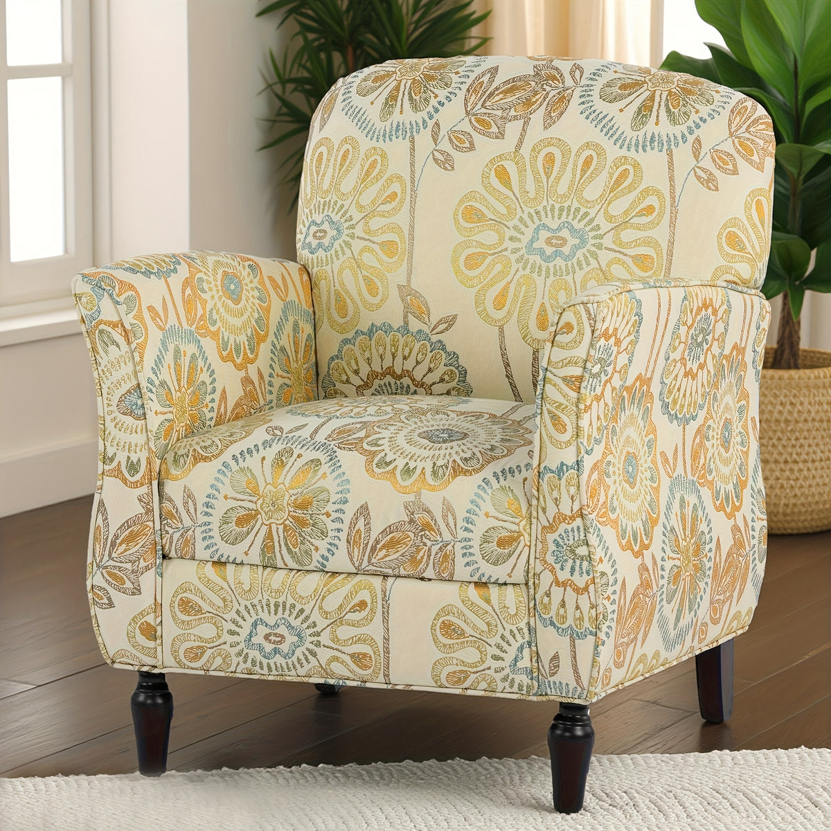 Fresh and Elegant Single Sofa with Sunflower Pattern Embellishment, Ergonomic Design, Fits Curvy Figures, Classic Black Solid Wood Base, Suitable for Living Room, Study, Bedroom, etc