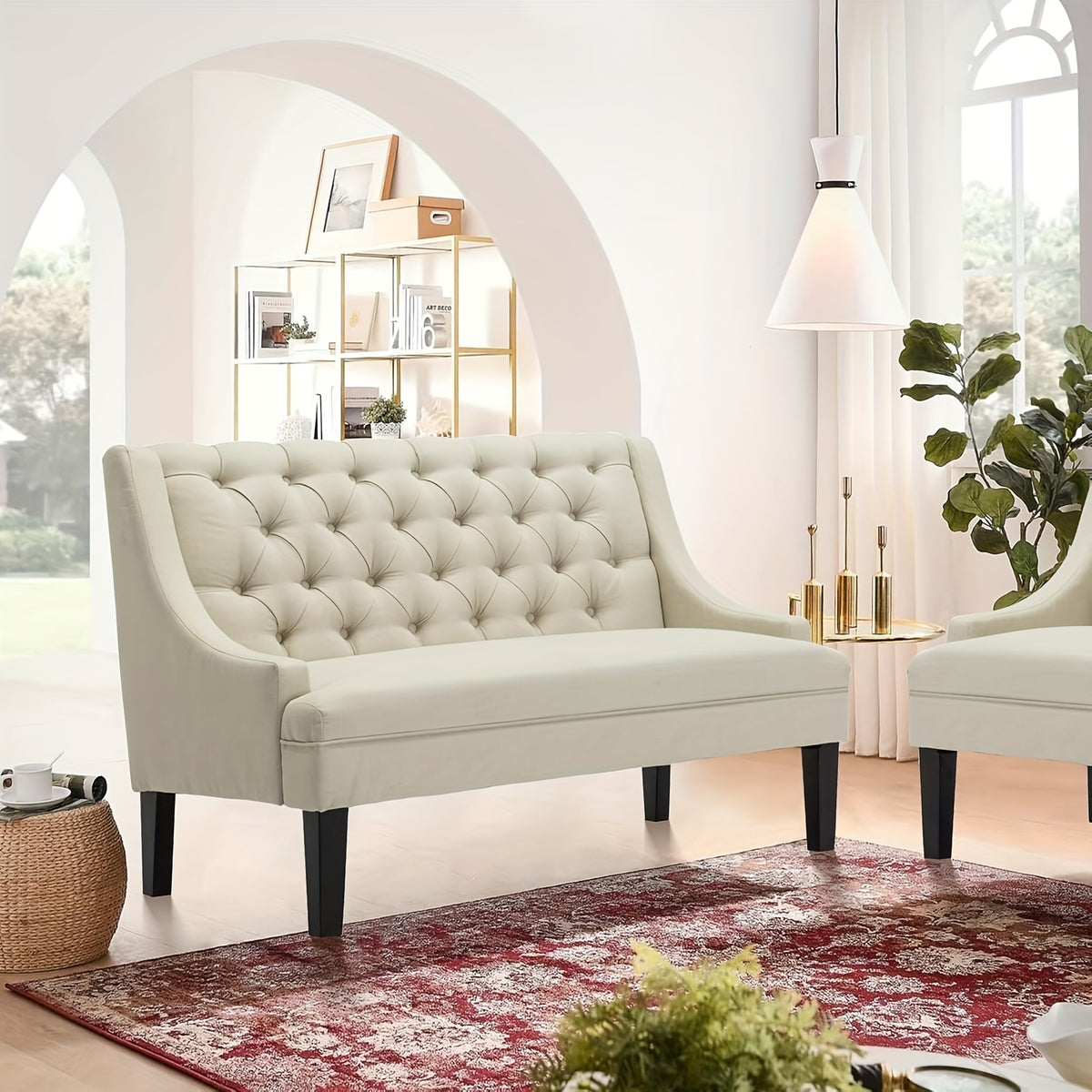 Modern Loveseat Sofa Modern Button-Tufted Upholstered Loveseat Sofa Mini Couch With Wood Legs For Dining Room Living Room Entryway