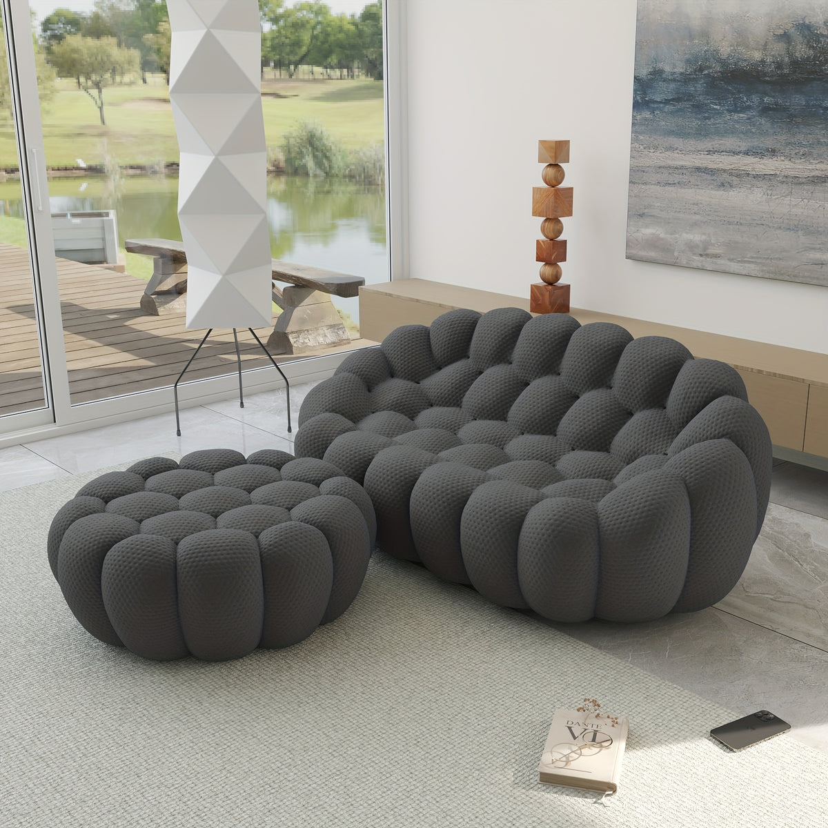 Modern Oversized Bean Bag Sofa with Ottoman - 3D Knitted Fabric, Orange, Football-Shaped Design, No Assembly Required, 700 lbs Load Capacity, Perfect for Contemporary Living Rooms, Sofa for Living Room