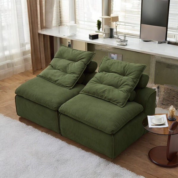 Modular 2-Seater Sofa Bed - Soft Corduroy Convertible Sleeper with No Armrests, DIY-Friendly Design, Includes Neck & Lumbar Pillows, Space-Saving for Apartments, Reading Nooks, Dorms (Green), Dorm Room Bed | Corduroy Upholstery | Comfortable Seating