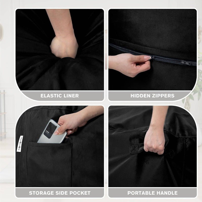 5ft Large Bean Bag Chair with Ultra-Soft Velvet-Like Cover - Heavy-Duty Foam-Filled Lazy Sofa, Beige & Black, Easy Inflate\u002FDeflate, Durable Fabric for Living Room, Bedroom, Dorm, Office - Portable Comfortable Seating, No Assembly Required