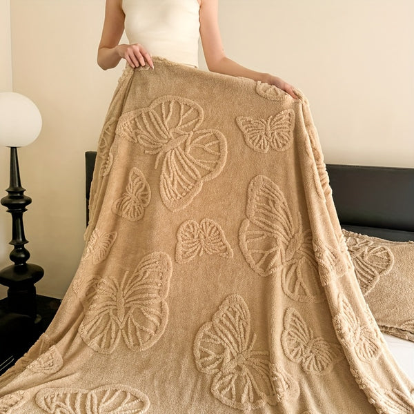 1pc Cozy White Jacquard Flannel Blanket with Elegant Butterfly Pattern – Soft Double-Sided Velvet for Office, Lunch Break, or All-Season Comfort