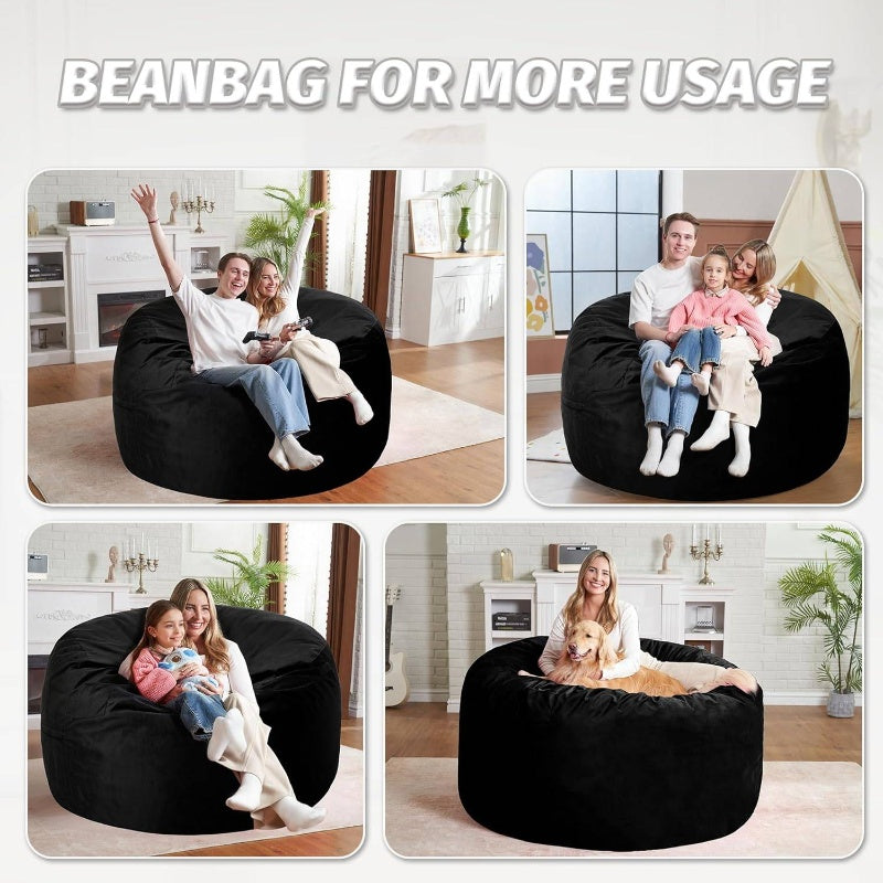 5ft Large Bean Bag Chair with Ultra-Soft Velvet-Like Cover - Heavy-Duty Foam-Filled Lazy Sofa, Beige & Black, Easy Inflate\u002FDeflate, Durable Fabric for Living Room, Bedroom, Dorm, Office - Portable Comfortable Seating, No Assembly Required