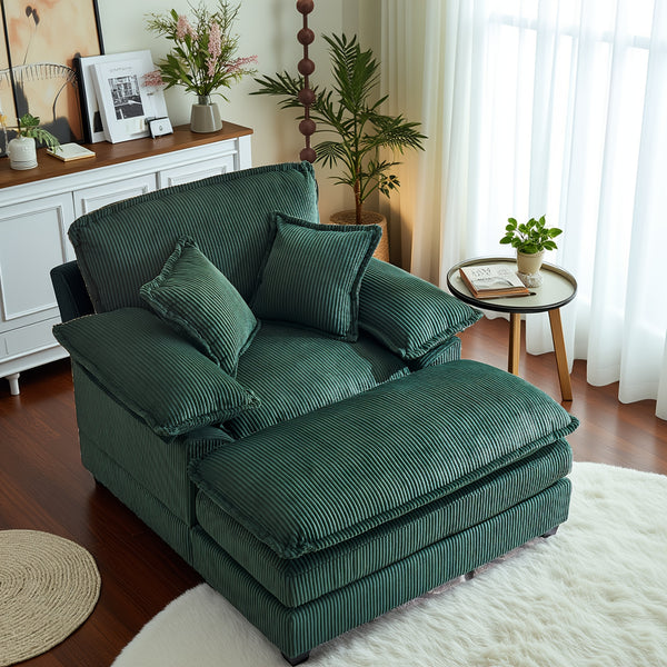 Corduroy Single Sofa With 2 Folding Pillows And An Ottoman, Comfort Sofa - Living Room Deep Seating Sofa