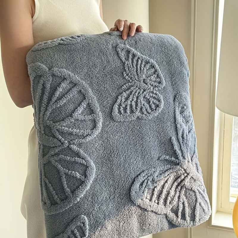1pc Cozy White Jacquard Flannel Blanket with Elegant Butterfly Pattern – Soft Double-Sided Velvet for Office, Lunch Break, or All-Season Comfort