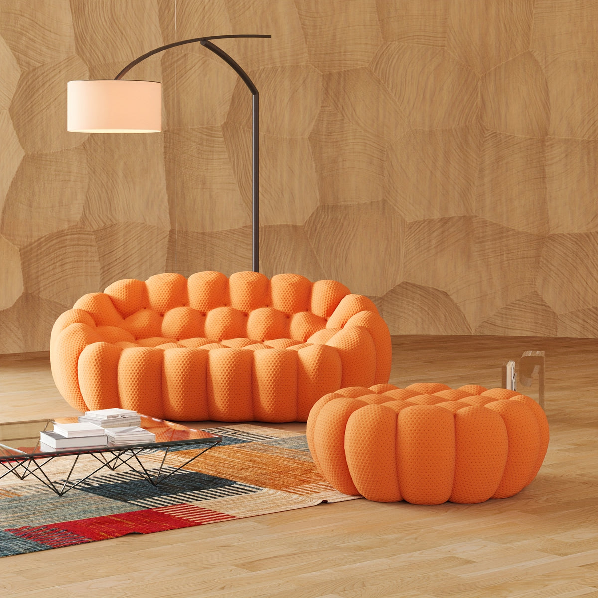 Modern Oversized Bean Bag Sofa with Ottoman - 3D Knitted Fabric, Orange, Football-Shaped Design, No Assembly Required, 700 lbs Load Capacity, Perfect for Contemporary Living Rooms, Sofa for Living Room