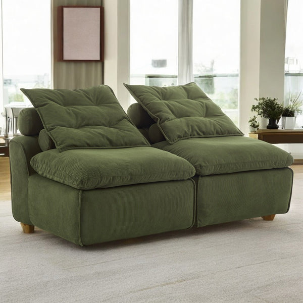 Modular 2-Seater Sofa Bed - Soft Corduroy Convertible Sleeper with No Armrests, DIY-Friendly Design, Includes Neck & Lumbar Pillows, Space-Saving for Apartments, Reading Nooks, Dorms (Green), Dorm Room Bed | Corduroy Upholstery | Comfortable Seating