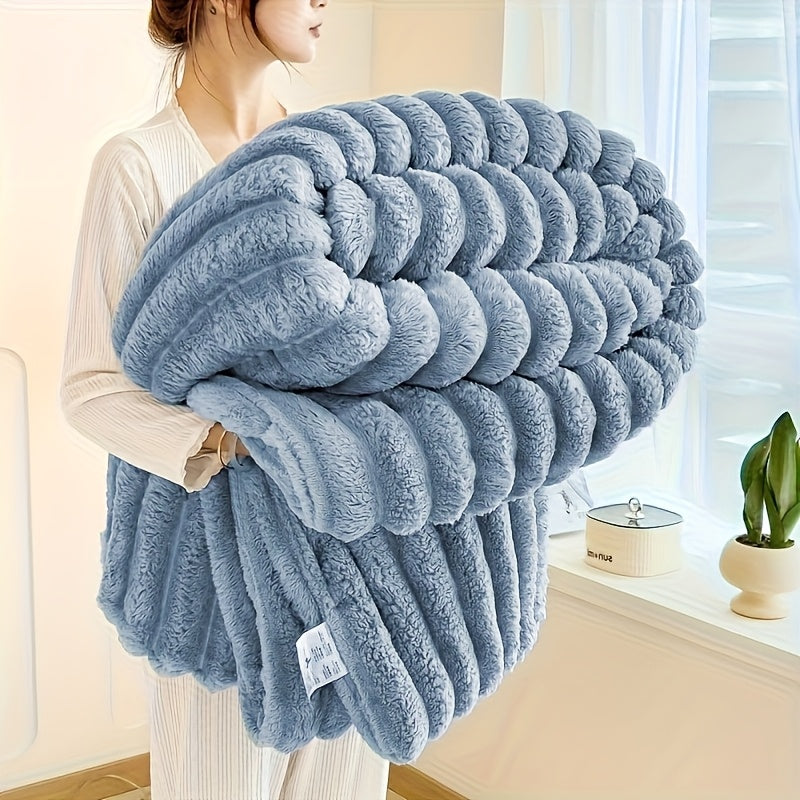 1pc Ultra-Soft Imitation Rabbit Fur Double-Sided Fleece Blanket - All-Season Cozy Warmth, Plush White with Blue Striped Pattern, Lightweight & Durable for Home, Office, Camping, Travel - Luxury Bedspread or Throw, Contemporary Style Gift Blanket, Christma