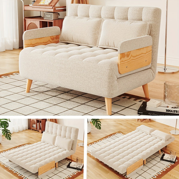1 Modern And Linen Convertible Sofa Bed With 5 Adjustable Backs, Adjustable Height Pillows - Living Room Recliner, Single Or Double Use, Living Room Furniture Sofa | Neutral Home Decor | Wood Frame Sofa