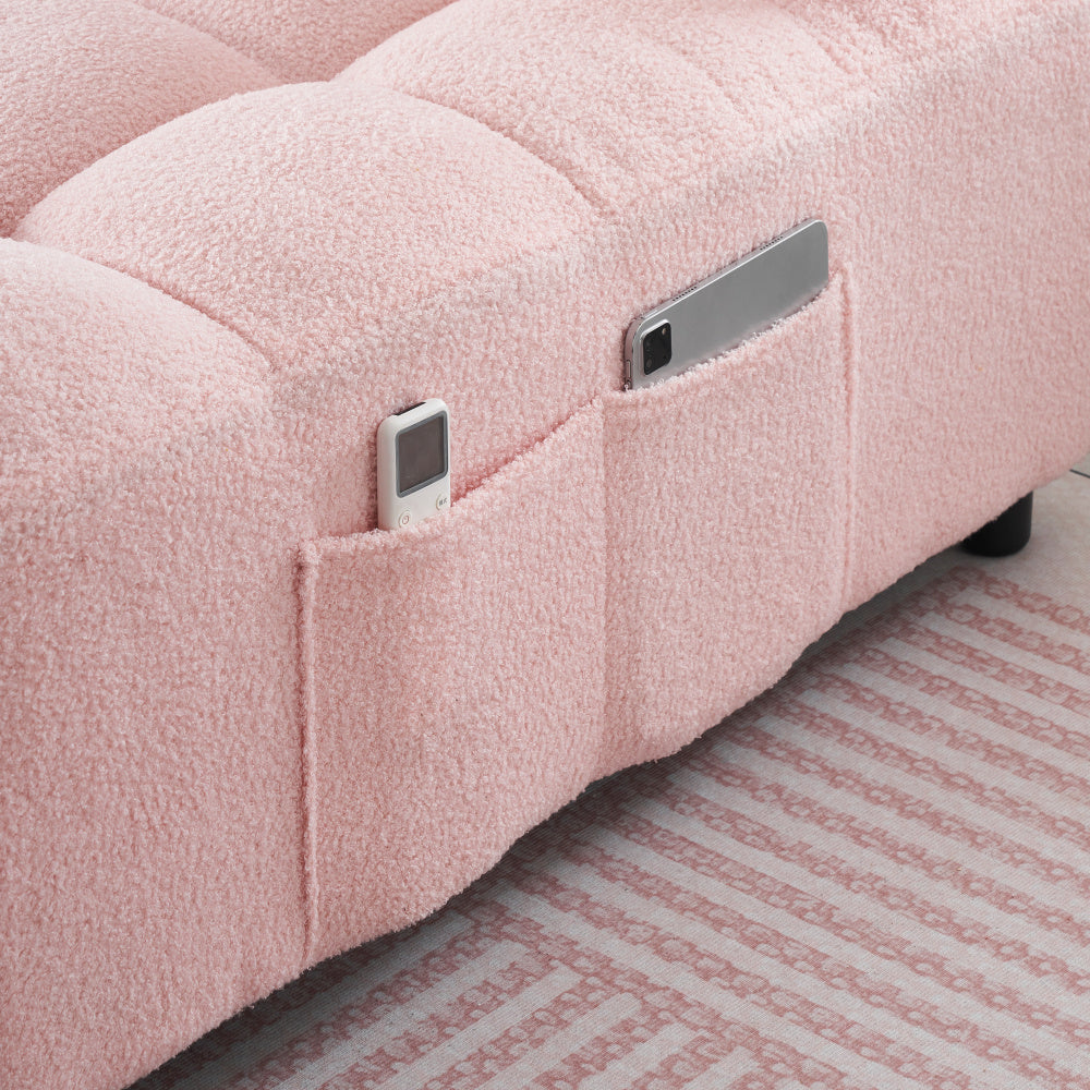 Convertible Pull-Out Sofa Bed With Phone Holder, Single Sofa Chair With Soft Teddy Velvet Fabric, Space-Saving Design, Easy Transform Into Bed For Small Spaces, Living Room, Bedroom, Office, Halloween Gift, Xmas Decor, Pink