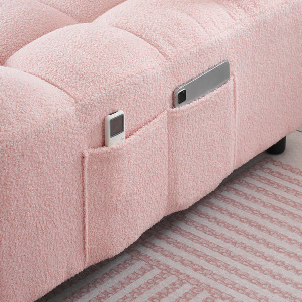 Convertible Pull-Out Sofa Bed With Phone Holder, Single Sofa Chair With Soft Teddy Velvet Fabric, Space-Saving Design, Easy Transform Into Bed For Small Spaces, Living Room, Bedroom, Office, Halloween Gift, Xmas Decor, Pink