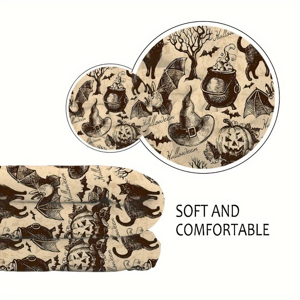 Soft & Cozy Halloween Flannel Blanket - Heavyweight 280GSM Plush All-Season Throw with Black & White Spooky Bat, Pumpkin, Witch Hat, Bats, Ghosts, Witches & Cauldrons Print - Machine Washable Sofa Bedspread for Couch, Bed, or Floor - Cozy Fall & Halloween