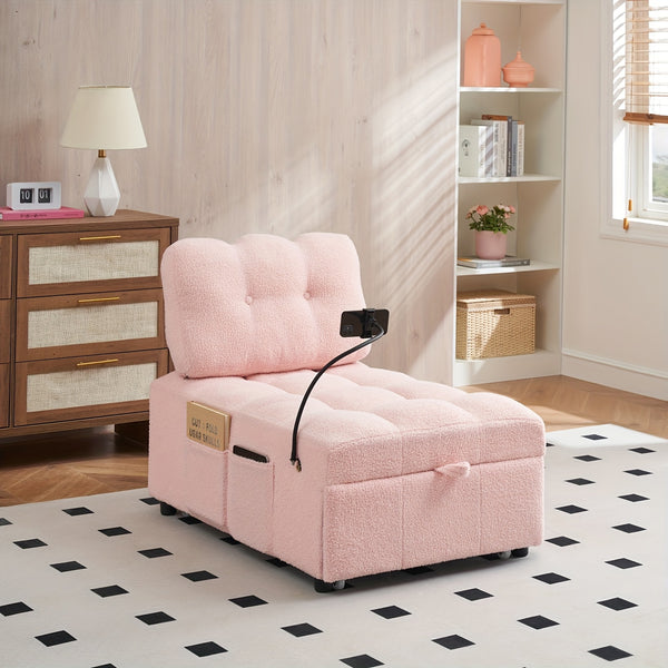 Convertible Pull-Out Sofa Bed With Phone Holder, Single Sofa Chair With Soft Teddy Velvet Fabric, Space-Saving Design, Easy Transform Into Bed For Small Spaces, Living Room, Bedroom, Office, Halloween Gift, Xmas Decor, Pink