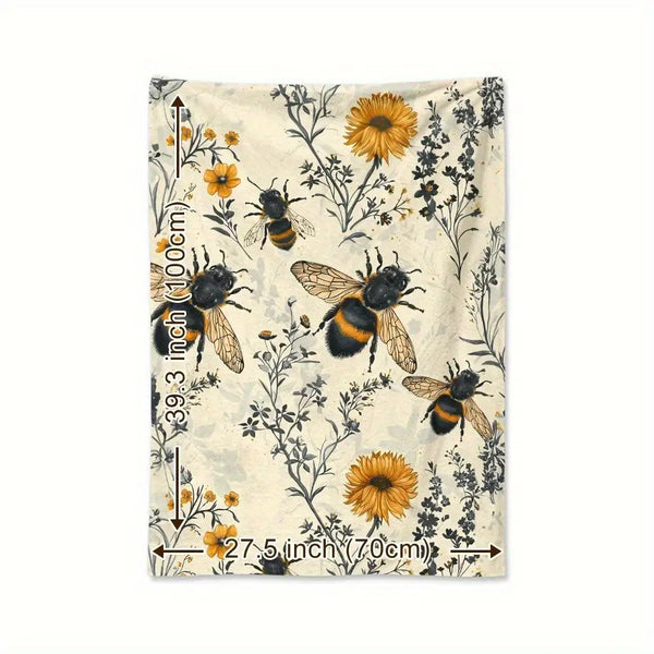 1pc 280gsm Heavyweight Vintage Hand-Drawn Bees & Wildflowers Flannel Fleece Blanket - Soft Warm All-Season \u002FGreen\u002FYellow\u002FBlack\u002FBrown Beige Throw for Bed, Couch, Camping, Travel - Cozy Bee & Botanical Print Polyester Bedspread, Throw Bl