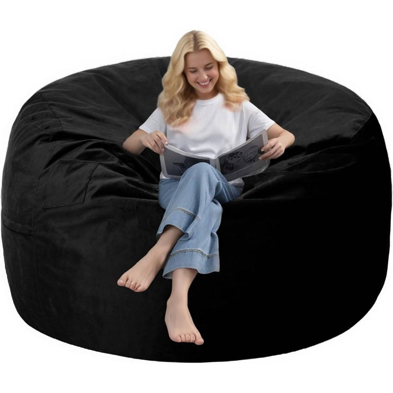 5ft Large Bean Bag Chair with Ultra-Soft Velvet-Like Cover - Heavy-Duty Foam-Filled Lazy Sofa, Beige & Black, Easy Inflate\u002FDeflate, Durable Fabric for Living Room, Bedroom, Dorm, Office - Portable Comfortable Seating, No Assembly Required