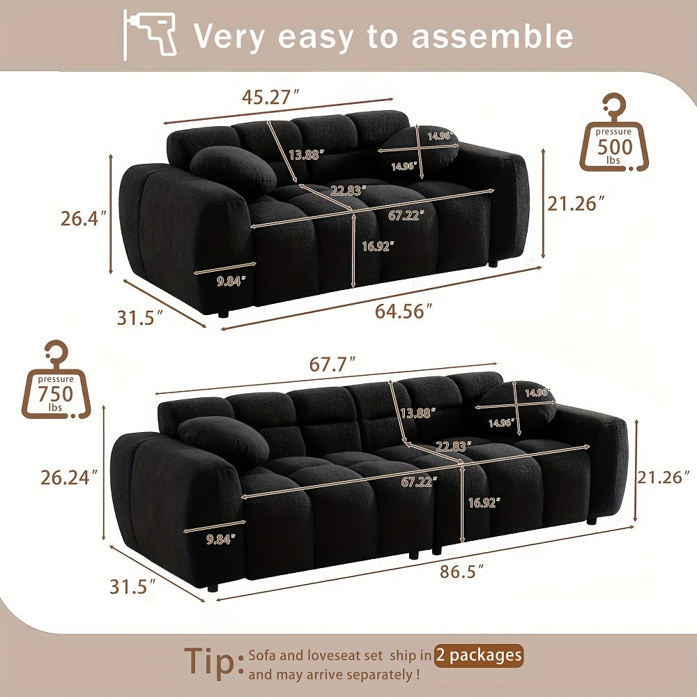 2pcs Modern Boucle Sofa Set, Comfy Tufted Upholstered Teddy Deep Seat Cloud Couch, Cozy Sherpa 3 Seater Sofa & 2 Seater Loveseat, Modern Living Room Furniture Set For Apartment