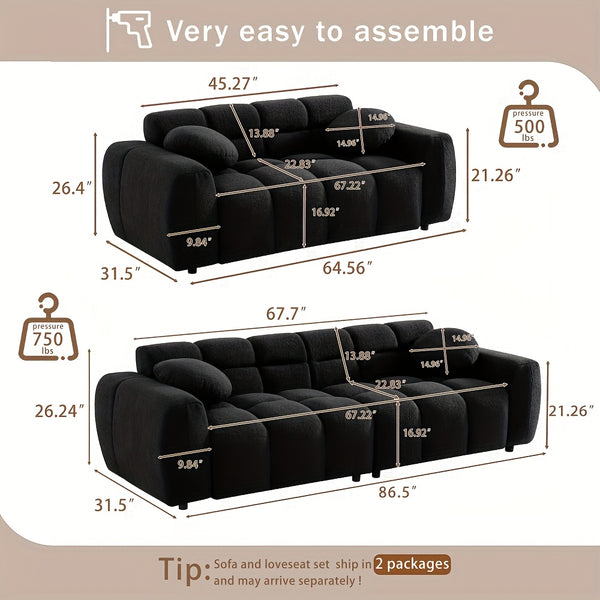 2pcs Modern Boucle Sofa Set, Comfy Tufted Upholstered Teddy Deep Seat Cloud Couch, Cozy Sherpa 3 Seater Sofa & 2 Seater Loveseat, Modern Living Room Furniture Set For Apartment