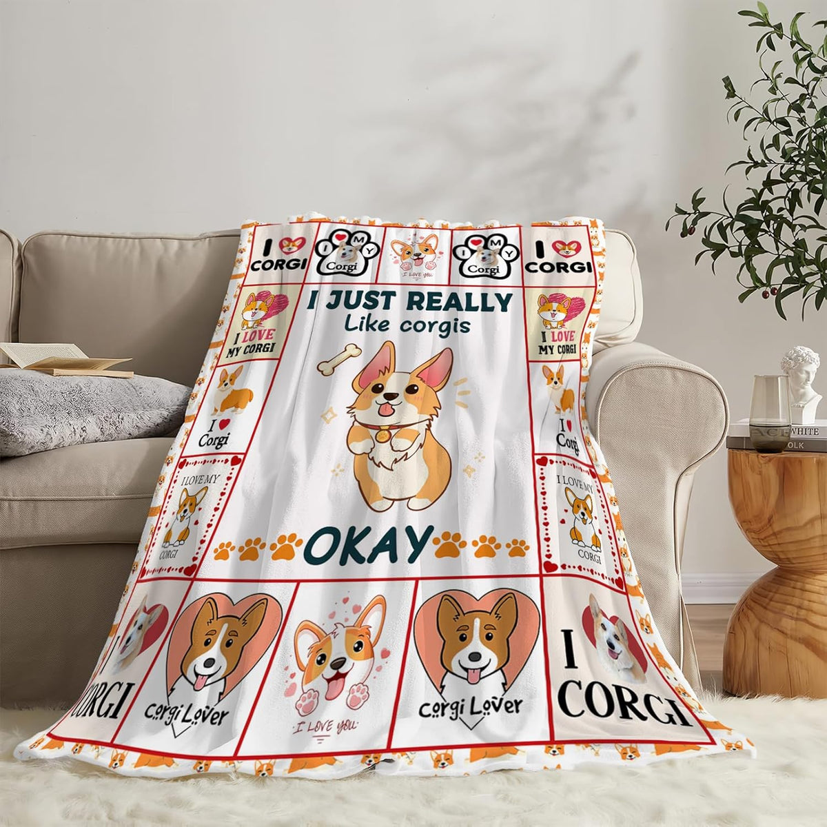 1pc Extra Large Corgi Blanket - Soft Plush Flannel Throw with Corgi Faces, Paw Prints & Bone Patterns - All-Season Couch Bedspread for Women, Girls, Corgi Lovers - Machine Washable Gift for Dog Owners (50\