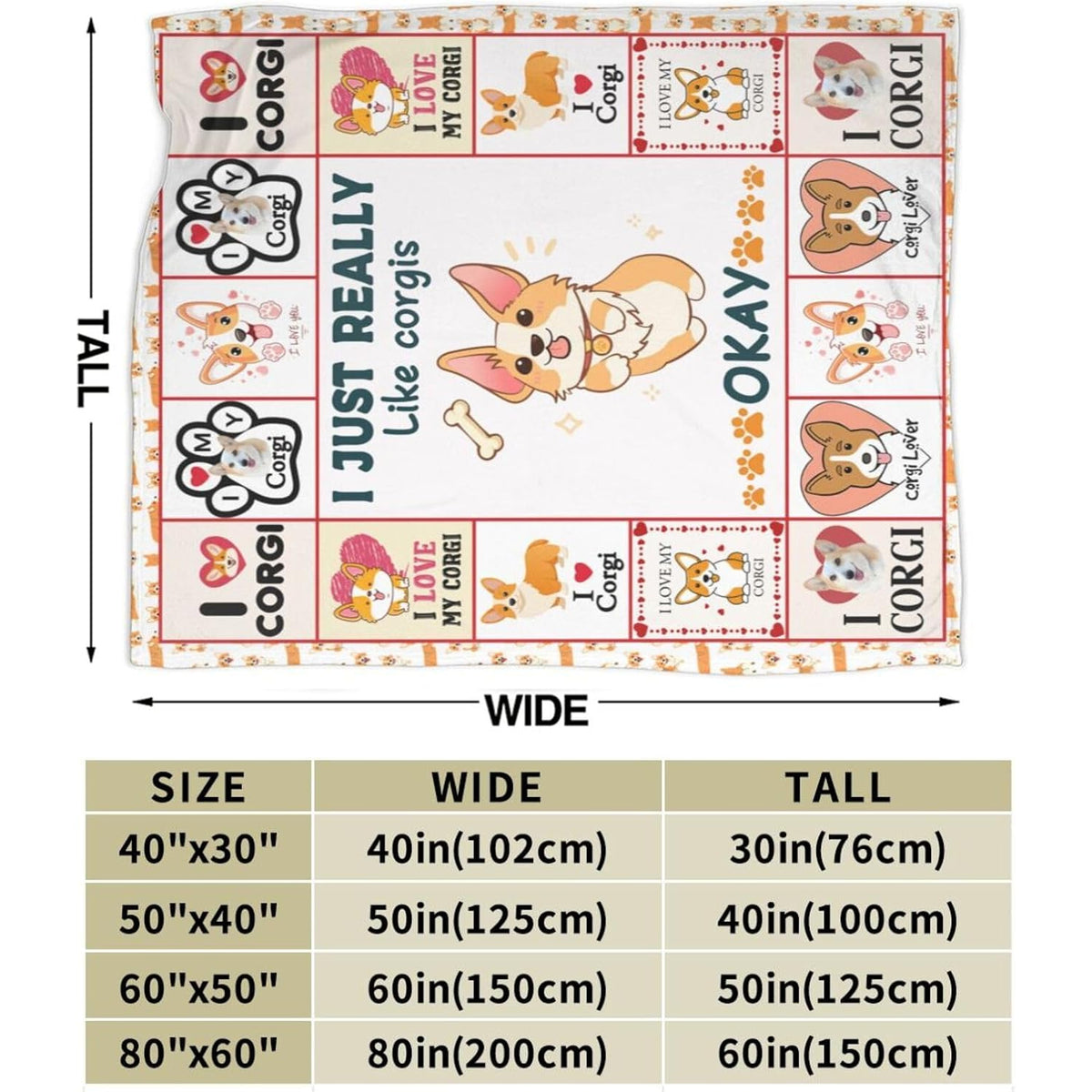 1pc Extra Large Corgi Blanket - Soft Plush Flannel Throw with Corgi Faces, Paw Prints & Bone Patterns - All-Season Couch Bedspread for Women, Girls, Corgi Lovers - Machine Washable Gift for Dog Owners (50\