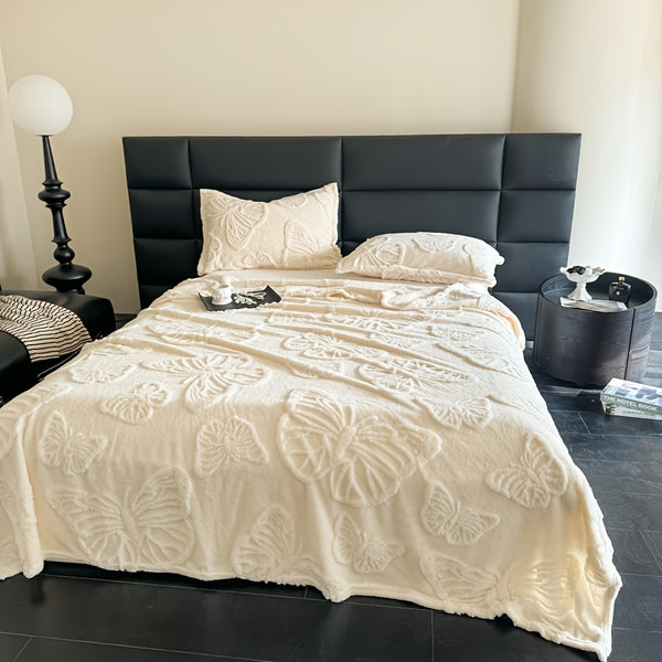 1pc Cozy White Jacquard Flannel Blanket with Elegant Butterfly Pattern – Soft Double-Sided Velvet for Office, Lunch Break, or All-Season Comfort